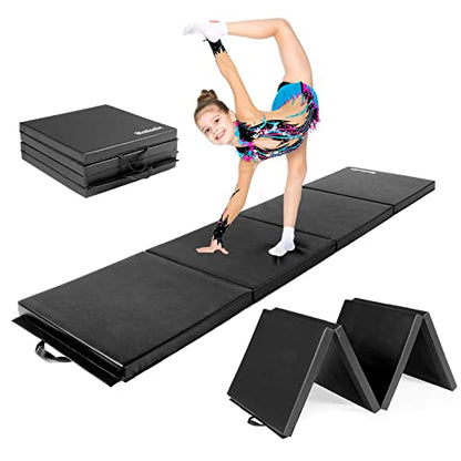 Matladin 8' Folding Gymnastics Gym Exercise Aerobics Mat, 8ft x 2ft x 2in PU Leather Tumbling Mats with Hook & Loop Fastener for Stretching Yoga Cheerleading Martial Arts - color: Black