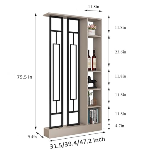 Wall Room Divider, Modern Freestanding Wood Room Divider Screen with Shelf & Cabinet Storage for Living Room,Office, Bedroom (Khaki+Black, 47" L x 9.5" W x 79.5" H)