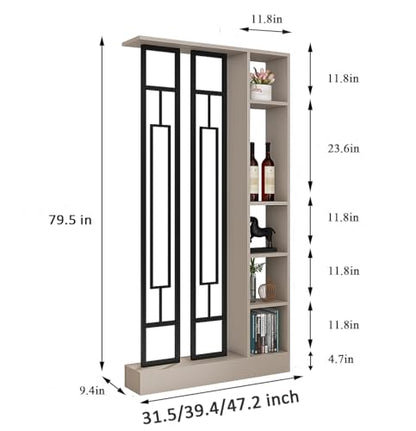 Wall Room Divider, Modern Freestanding Wood Room Divider Screen with Shelf & Cabinet Storage for Living Room,Office, Bedroom (Khaki+Black, 47" L x 9.5" W x 79.5" H)