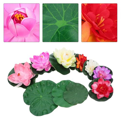 COHEALI Artificial Lotus Flower Floating Water Lily with Lifelike Eva Lily Pads, 9pcs Aquarium Pond Decoration Set, Eco-Friendly Fake Flowers for Fish Tank and Garden Display