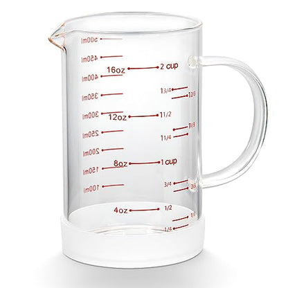 2 Cup Glass Measuring Cup with Handle, 77L High Borosilicate Glass Measuring Cup with V-Shaped and Three Scales (Cup, OZ, ML), Glass Liquid Beaker with Silicone Base, Double-Sided Measure Scales - size: 2 Cup, 500ML