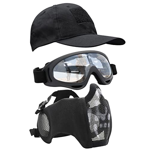 Airsoft Mask with Goggles, Foldable Half Face Airsoft Mesh Mask with Ear Protection for Paintball Shooting Cosplay CS Game - color: BB-3PCS, size: 3pcs