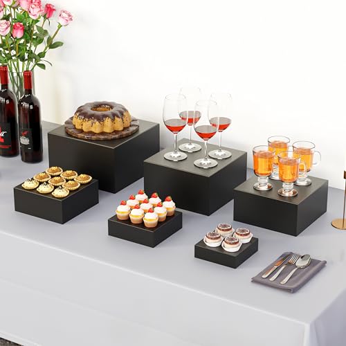 Metal Buffet Risers,6PCS Food Risers for Buffet Table 5in to 10in Display Stand for Catering Dessert Matte black Cube Boxes Nesting Risers with Hollow Bottoms