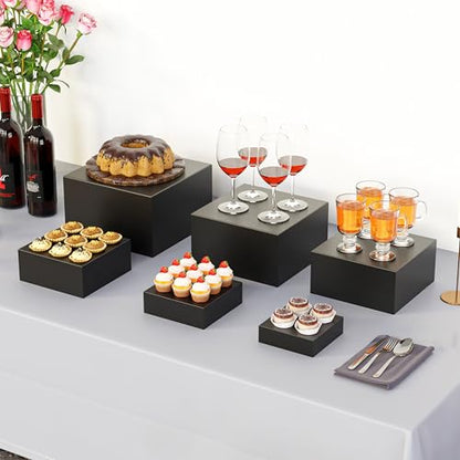 Metal Buffet Risers,6PCS Food Risers for Buffet Table 5in to 10in Display Stand for Catering Dessert Matte black Cube Boxes Nesting Risers with Hollow Bottoms