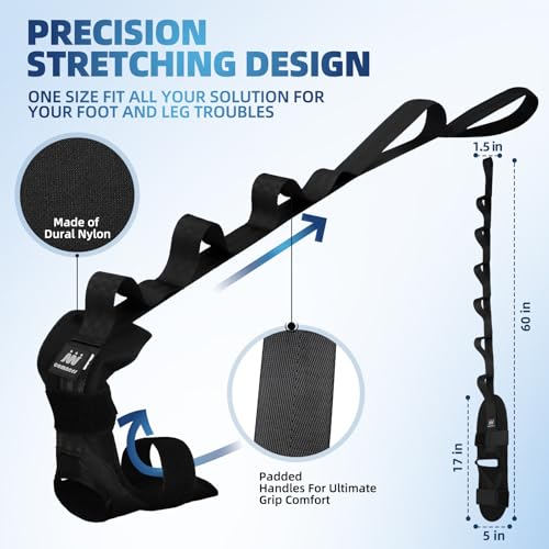 Foot and Calf Stretcher-Stretching Strap For Plantar Fasciitis, Heel Spurs, Foot Drop, Achilles Tendonitis & Hamstring. Yoga Foot & Leg Stretch Strap. (Black) - color: Black
