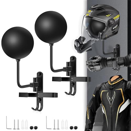Kikerike Motorcycle Helmet Rack Wall Mount 180 Degree Rotation Metal Bike Helmet Holder Mount Bicycle Helmet Display Hanger Stand with 2 Hooks for Motorcycle Bike Baseball Rugby Helmet - 2 Pack - color: Black(2pcs With Gloves Holder)