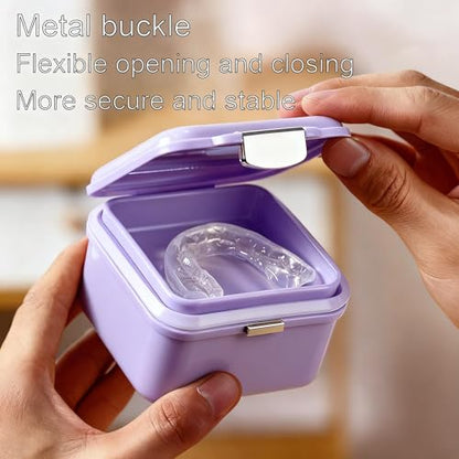 Denture Bath Case, Denture Soaking Container Denture Cup Soaking Holder Mouth Guard Denture Box Denture Baths Cleaning with Lid Retainer Case （Purple） - color: pruple