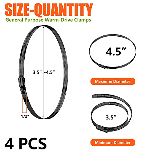 BOTTEN 4pcs Black Hose Clamp,4 Inch(95-114mm)304 Hose Clamps Stainless Steel Adjustable Worm Gear Hose Clamps Assortment Kit,radiator hose clamps fuel line clamps - size: 4''