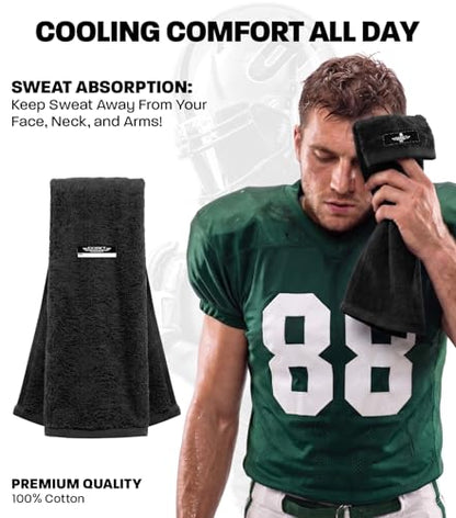 Black Football Towel with Hook & Loop Fastener (Black) | Quarterback QB Sports Towel Football to Clean Hands, Visor and Gloves - Highly Absorbent, Quick Dry - color: Black
