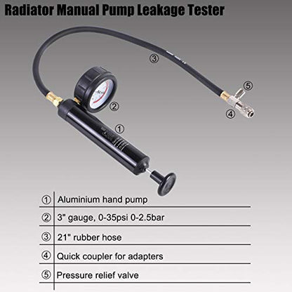 Radiator Pressure Tester Pneumatic Vacuum Cooling System Purge Refill Kit 28PCS Universal Automotive Water Tank Leak Test and Coolant Fill Tool Set with Adapters Gauge Case