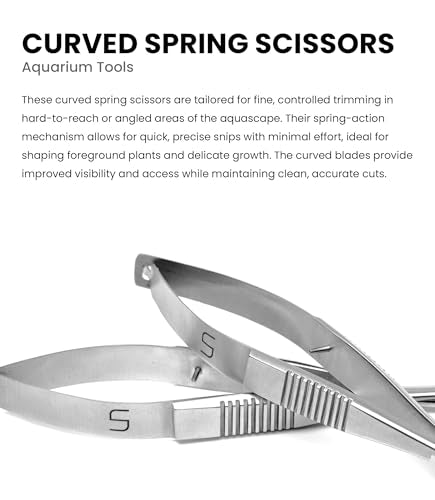 UNS Aquascaping Tools - Stainless Steel Rust Resistant, Freshwater Planted Tank, Saltwater Reef Aquarium Maintenance Accessory - Trimming Stems & Carpets Coral Cutting - Curved Spring Scissors, Silver