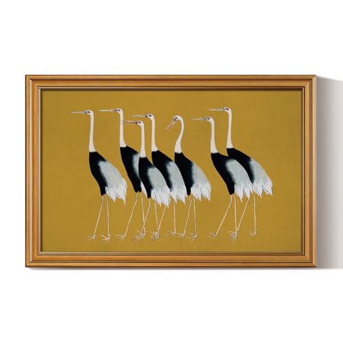 HUARCEY Gold Framed Vintage Wall Art for Living Room, Animals Painting Prints Shelf Decor for Kitchen, Aesthetic Bedroom Wall Art Decor, Christmas Gifts for Friends or Family (Seven Cranes 16"x24") - color: Seven Cranes, size: 24"L x 16"W