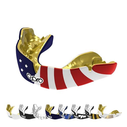 OPRO Instant Custom-Fit Mouthguard – Dentist Level Gum Shield Adult and Kids – OPRO Mouth Guard Boxing and MMA, Self-Fit Gum Shield Rugby – Maximum Protection with Dental Warranty (Black/Gold/Gold) - color: Usa, size: Adult (10+)