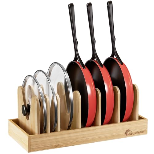 Housolution Bamboo Pot and Pan Organizer for Cabinet, Pot Lid Organizer with 7 Adjustable Dividers, Pan Holder Storage Rack with Solid Bamboo Wooden Base - color: Bamboo, style: Horizontal, 7 Dividers