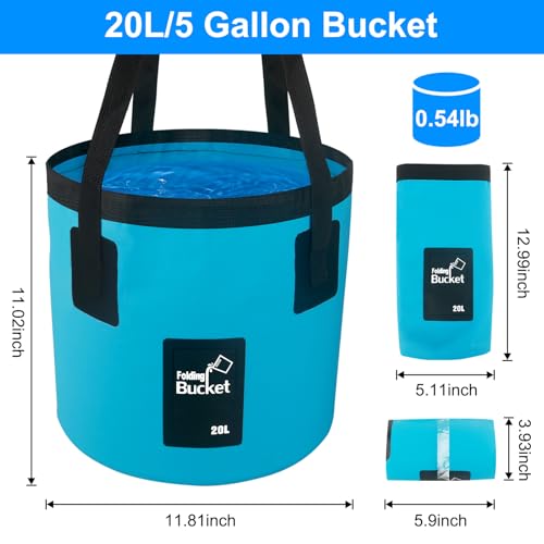 5 Gallon Collapsible Bucket with Handle, Car Wash Bucket Foldable Water Storage Container for Camping Fishing Beach Gardening, Portable Laundry Wash Basin for RV Cleaning Supplies Swamp Emergency Prep