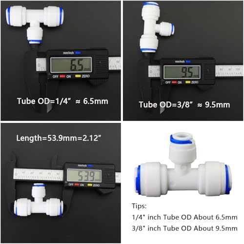 Water purifier adapter, 3/8 * 1/4 * 3/8 "FPT pipe hard plug quick tee, T-shaped tee quick push plastic pipe joint, suitable for reverse osmosis filtration RODI water purifier system 5pcs - style: 3/8 to 1/4 to 3/8 quick connect tee
