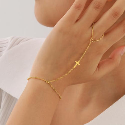 18K Gold Plated Small Cross Bracelet for Women | Tiny Cute Cross Bracelets | Beaded Bracelet | Hip Hop Knot | Hand Chain Bracelets | Gold Jewelry Gifts for Women - color: Cross hand chain Gold