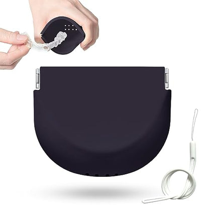 Silicone Retainer Case Soft Upgraded Cute Aligner Case Slim Partial Denture Case Container Holder Night Guard Braces Case with Lanyard for Girl Women Men Travel (Black) - color: Black