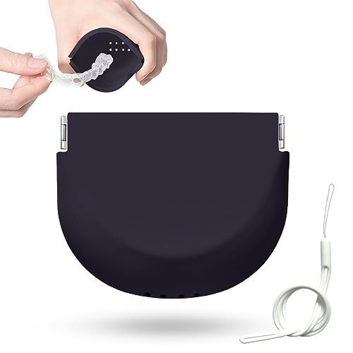 Silicone Retainer Case Soft Upgraded Cute Aligner Case Slim Partial Denture Case Container Holder Night Guard Braces Case with Lanyard for Girl Women Men Travel (Black) - color: Black