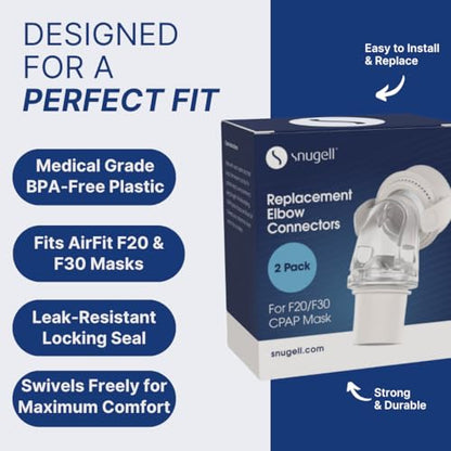 Snugell Replacement Elbow Connector for AirFit F20 and F30 CPAP Masks – 2 Pack – Compatible with ResMed Full Face CPAP Masks – Durable, Leak-Resistant Swivel Design for Smooth Therapy Airflow