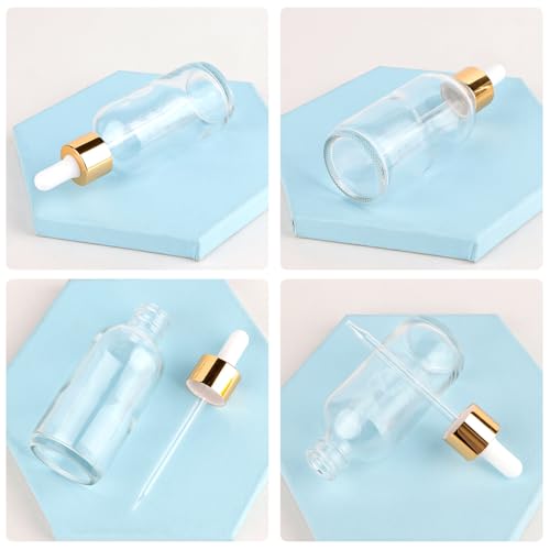 24 Pack 4oz Clear Glass Bottles with Golden Top Eye Droppers for Essential Oils, Perfumes & Lab Chemicals (Brushes, Funnels, Extra Droppers, Labels & Measuring Cup Included) - color: Gold