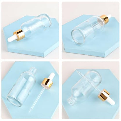 24 Pack 4oz Clear Glass Bottles with Golden Top Eye Droppers for Essential Oils, Perfumes & Lab Chemicals (Brushes, Funnels, Extra Droppers, Labels & Measuring Cup Included) - color: Gold