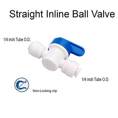 1/4 inch OD Tubing&Hose&Pipe Use Inline Shut Off Ball Valve Plastic Quick Connect Fittings for Water Purifier RODI System (Pack of 10)