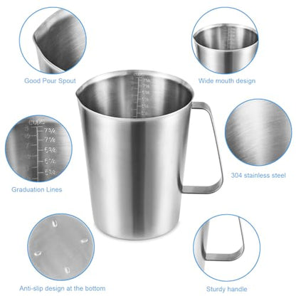 64Oz/8Cup Stainless Steel Pitcher (SUS304), 2 Liter Metal Container for Water, Milk, Liquid with Handle with Engraved Markings, Silver - size: 2000ML