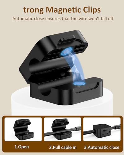 Magnetic Cable Clips – Magnetic Lock & Adjustable Cord Holder with Strong Adhesive – for Home/Office Desks, Cars, Walls – Manage USB, HDMI, Power Cords