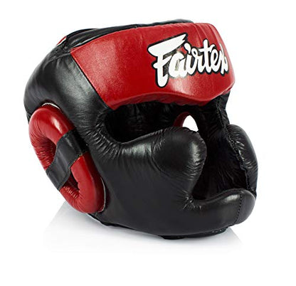 Fairtex Full Head Guard, Muay Thai MMA Sparring Helmet Protective Headgear - color: HG13 Black/Red Lace-up, size: X-Large