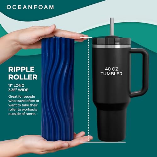 Oceanfoam Ripple Travel Foam Roller (11" x 3.35") Firm Mini Foam Roller for Physical Therapy, Deep Tissue Massage, Back Pain - High Density, Ergonomic Wave Textured - Yoga, Exercise (Royal Blue) - color: Royal Blue