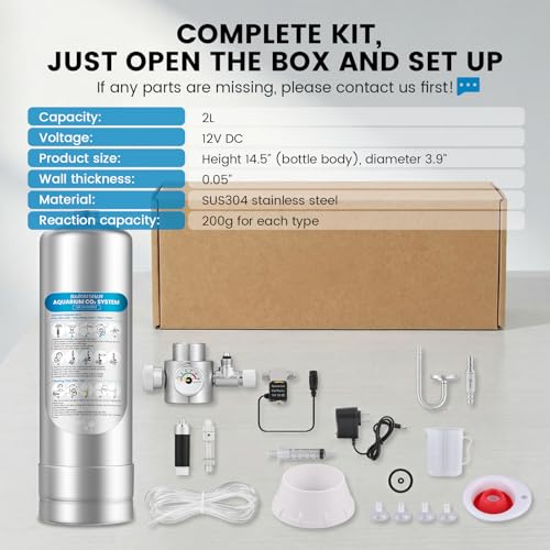 2L Aquarium Co2 System with with Complete Accessories | External Thread Prevent Leaks, Dual Safety Valves & Solenoid, Precise Aquarium Co2 Levels Stable Control Solutions