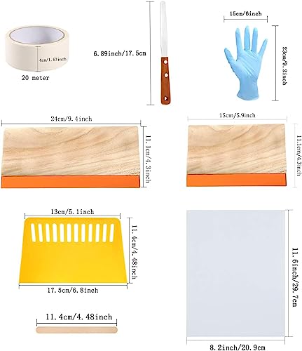 Caydo 31 Pieces Screen Printing Starter kit Include 4 Different Size of Wood Silk Screen Printing Frame with 110 Mesh, Squeegees, Inkjet Transparency Film, Ink Knife, Gloves and Mask Tape