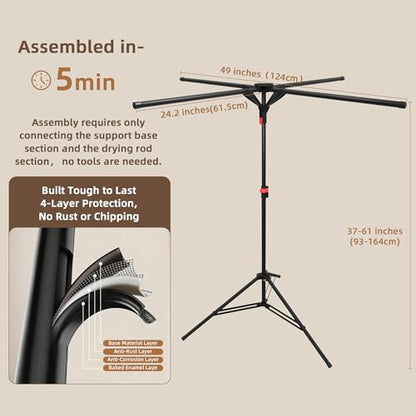 Clothes Drying Rack Foldable, Adjustable Height with Fold Button - size: Height 61 inch-Black
