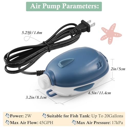Dirvin 2W Silent Aquarium Air Pump -45GPH Small Fish Tank Bubbler, Adjustable Aquarium Aerator with Accessories for 5-20 Gallon Fish Tank - style: 1 Outlet-2W
