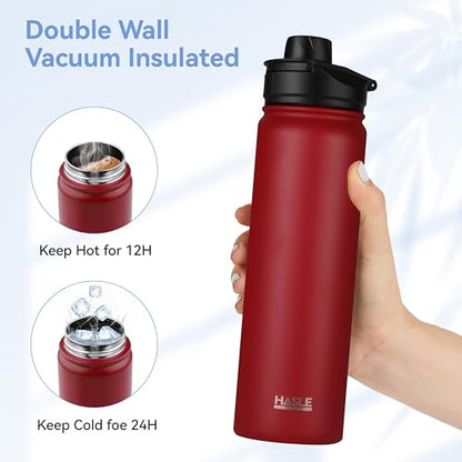 HASLE OUTFITTERS Insulated Water Bottle 22 oz Double Wall Stainless Steel Water Bottle Wide Mouth with Straw Lid & Spout Lid Keeps Cold or Hot(Red,4) - color: Red, size: 22oz- 4 Pack