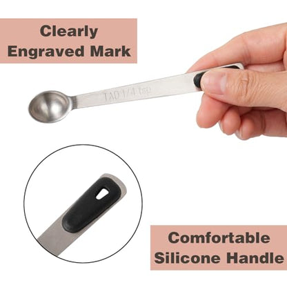 Mini Measuring Spoons Set, Tiny Stainless Steel Measure Teaspoons with Black Silicone Handle, Suitable for Small Amount of Dry or Liquid Ingredients and Spices (1/64, 1/32, 1/16, 1/8, 1/4 tsp) - color: Black