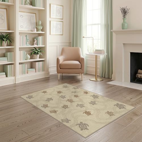 4'x6' Washable Flatwoven Rug, Brown Beachy Turtle Easy Care Throw Carpet Stain Resistant Low Profile Floor Covering for Dorm Room, Small Living Room, Apartment | Ref:1955151 - color: Beige/Pattern 21, size: 4' x 6' (Rectangular)