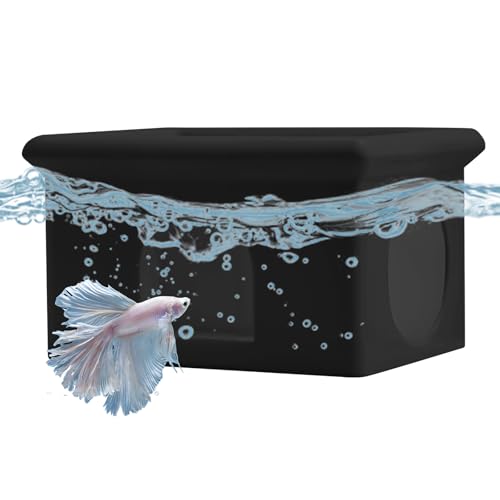 Floating Betta Fish Hammock Cave House for Aquarium, 3D Printed Betta Shrimp Feeder & Hideout Cave Toys, Small Aquarium Feeding Ring Decor, Turtle Fish Tank Decorations Accessories -Black