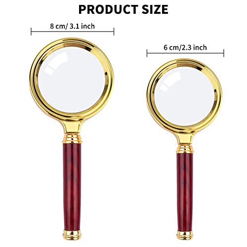10X Magnifying Glass, Handheld Reading Magnifier with Antique Mahogany Handle, 80mm + 60mm Magnify Glasses Lens, Magnifier Glass for Book Reading, Insect Observation, Science (2 Pcs)
