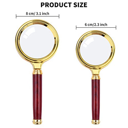 10X Magnifying Glass, Handheld Reading Magnifier with Antique Mahogany Handle, 80mm + 60mm Magnify Glasses Lens, Magnifier Glass for Book Reading, Insect Observation, Science (2 Pcs)