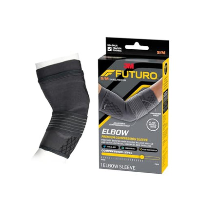 FUTURO Premium Compression Elbow Sleeve, with Wrap-Around Strap and Two Gel Pressure Pads, for Mild Tendonitis, Golfer’s Elbow, Tennis Elbow, Swelling, Sprains, and Strains, S/M - size: Small/Medium