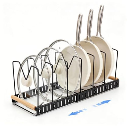 Pot and Pan Organizer Rack for Countertop and Cabinet, Expandable Pot Lid Organizer Holder with 7 Adjustable Compartment for Kitchen Cookware Cake Molds Cutting Boards Storage Rack (1 Pack,Black)