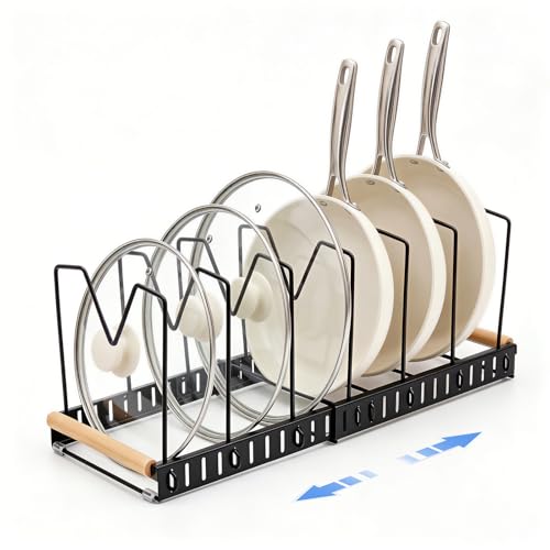 Pot and Pan Organizer Rack for Countertop and Cabinet, Expandable Pot Lid Organizer Holder with 7 Adjustable Compartment for Kitchen Cookware Cake Molds Cutting Boards Storage Rack (1 Pack,Black)