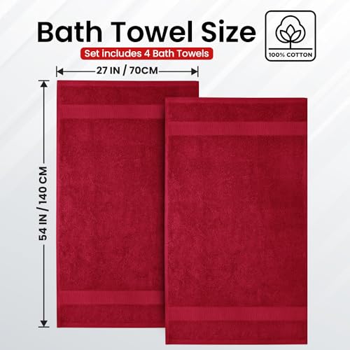 Infinitee Xclusives 100% Ring-Spun Cotton Bath Towels for Bathroom - Pack 4 - color: Burgundy, size: Bath Towels - 4 Pack