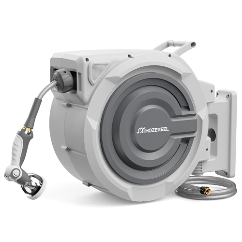 5/8" x 110 FT Retractable Garden Hose Reel by HOZEREEL, UV Resistant Hose Reels - Automatic Slow Self Retract Wall Mount Hose Reel Enclosed Storage, Any Length Lock 180° Swivel, 10 Pattern Nozzle