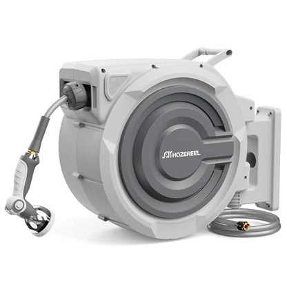 5/8" x 110 FT Retractable Garden Hose Reel by HOZEREEL, UV Resistant Hose Reels - Automatic Slow Self Retract Wall Mount Hose Reel Enclosed Storage, Any Length Lock 180° Swivel, 10 Pattern Nozzle