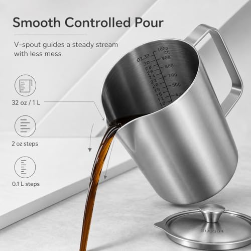 QWORK 304 Stainless Steel Measuring Pitcher with Lid 32oz/1L, Dual Scales Wide Mouth Graduated Cup for Espresso, Milk Frothing Jug with Handle