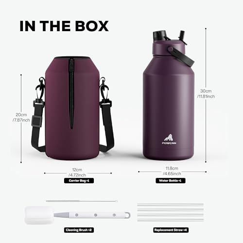POWCAN 64 oz Insulated Water Bottle with 2-in-1 Straw & Spout Lid, Leakproof, Top Handle, Keep Cold 48H, BPA-Free, Brush, Metal Water Bottle with Carrier Bag for Work, Sports, Travel and Gym (Plum) - color: Plum