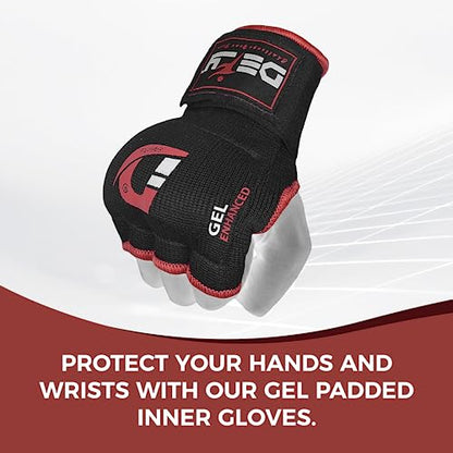 DEFY Padded Inner Gloves Quick 75cm Long Strap – Inner Boxing Gloves Gel Padded Knuckle Protection – Elasticated Boxing Hand Wraps for MMA Muay Thai Kickboxing Martial Arts Pair - color: Black, size: X-Large